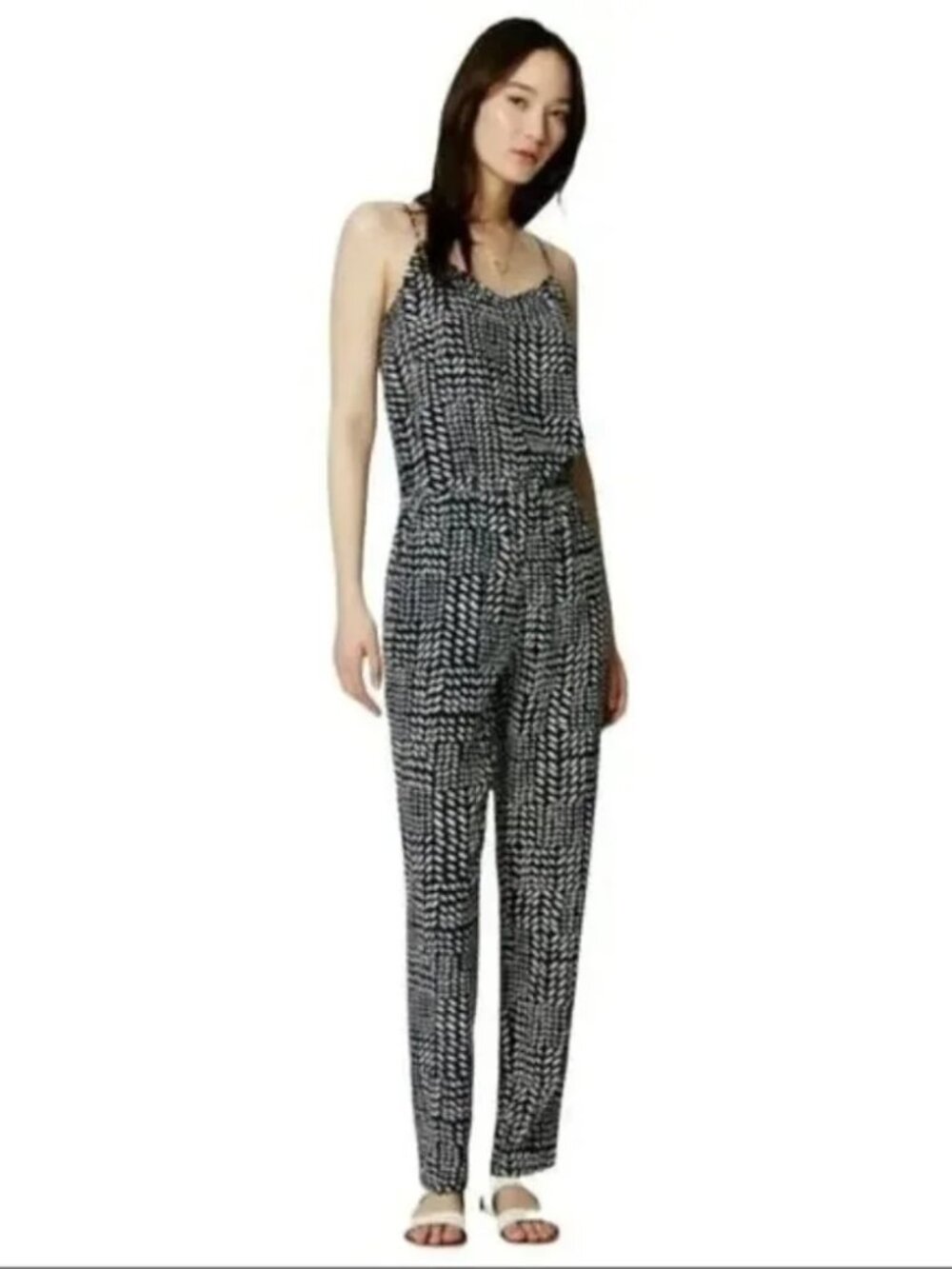 Ann Taylor Loft Navy/White Geometric Pattern Spaghetti Strap Jumpsuit Sz M